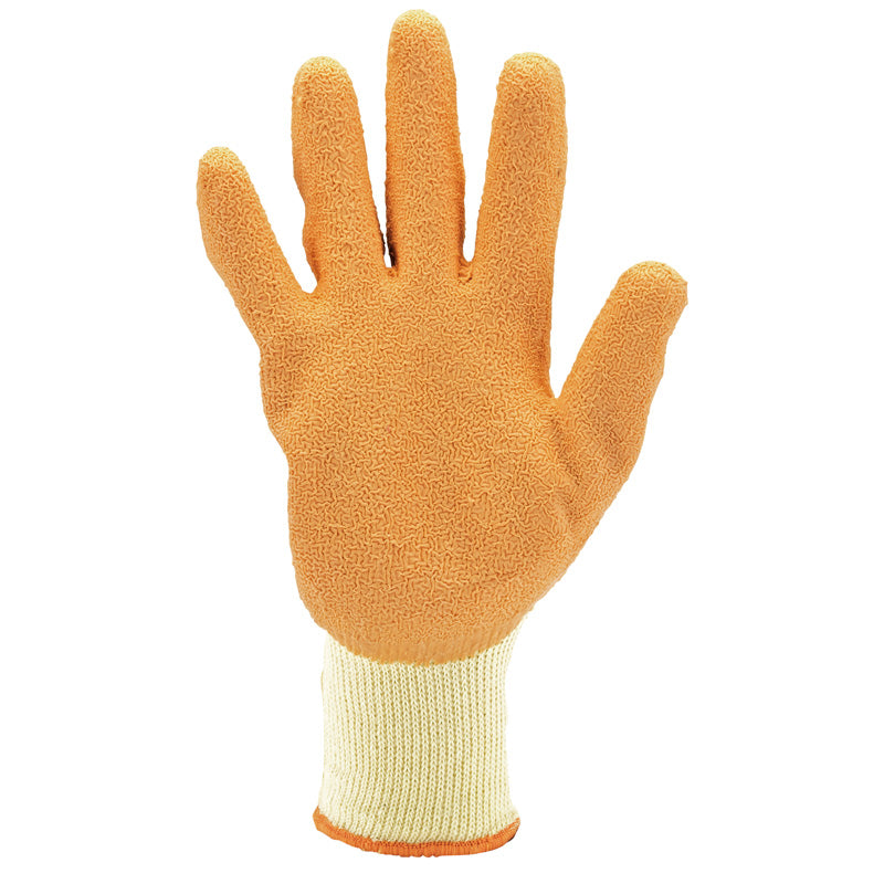 (D) Pack of Ten, Orange Heavy Duty Latex Coated Work Gloves - ExtraLarge